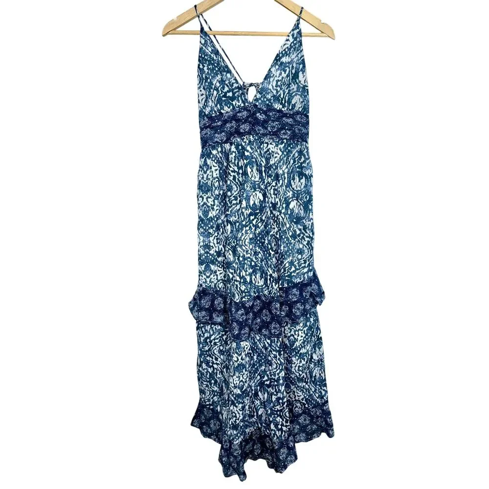 Abercrombie & Fitch Blue White Abstract Tiered Sleeveless Maxi Dress Womens Sz M